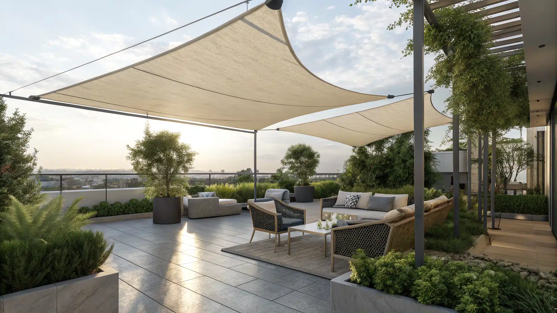 une voile d'ombrage sur une terrasse extérieure aménagée