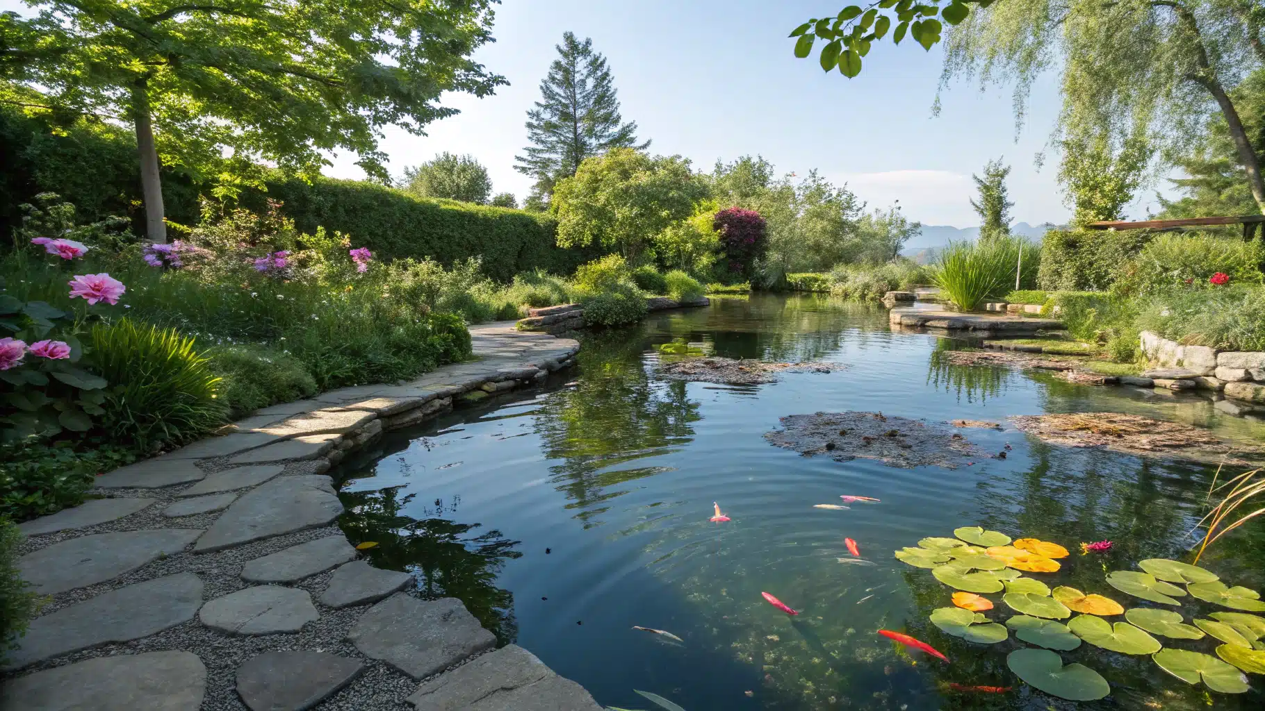 un bassin dans un jardin